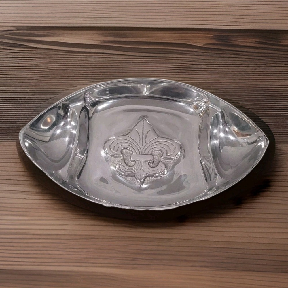 Arthur‎ Court Aluminum Football Tray Fleur-de-Lis Divided Snack Dish Silver